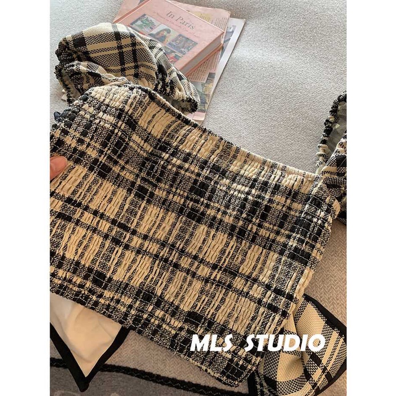 Áo Kiểu Tay Phồng Cổ Vuông Họa Tiết Sọc Caro Đính Nơ Xinh Xắn Cho Nữ