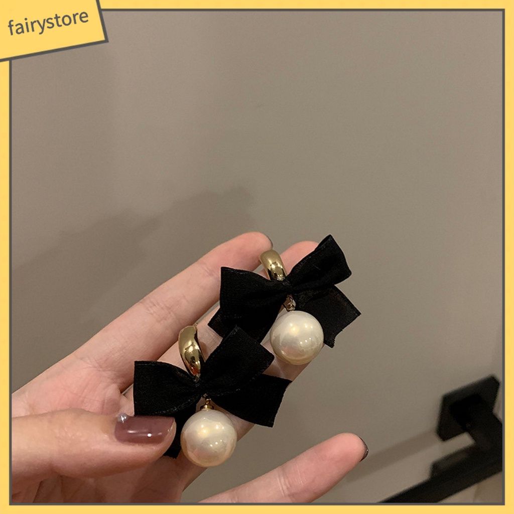 1 Đôi Bông Tai Hình Nơ Đen Đính Ngọc Trai Giả Phong Cách Pháp Cổ Điển Dành Cho Nữ