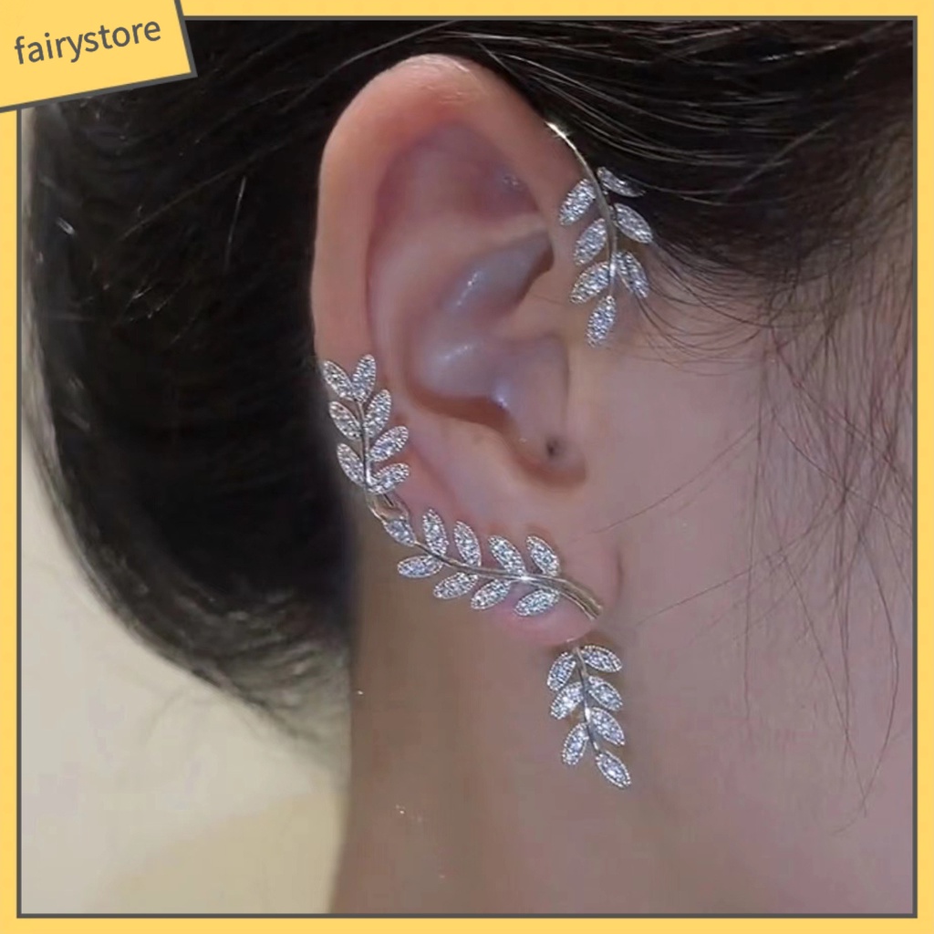 1 Khuyên Kẹp Vành Tai Hình Lá Đính Đá Zircon Tinh Xảo