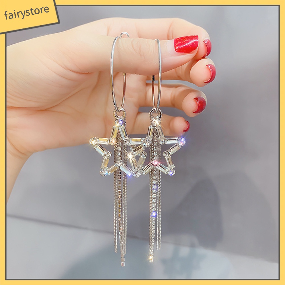 Bông Tai Dạng Vòng Hình Ngôi Sao Năm Cánh Đính Đá Phối Tua Rua Thời Trang Cho Nữ