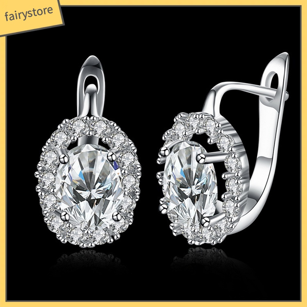 Bông Tai Hình Oval Đính Đá Zircon Sang Trọng Cho Nữ