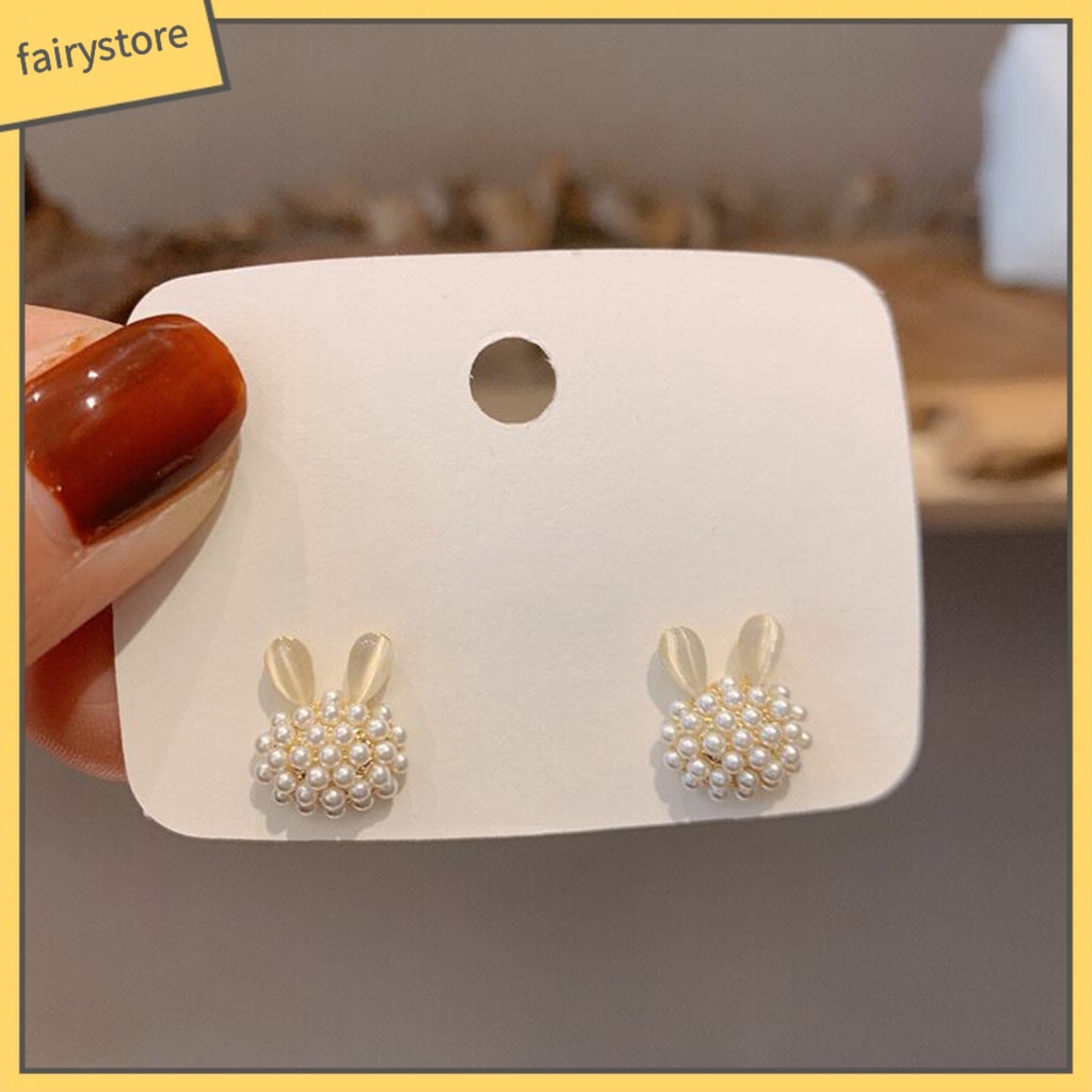 1 Đôi Bông Tai Hình Thỏ Đính Ngọc Trai Giả Thời Trang