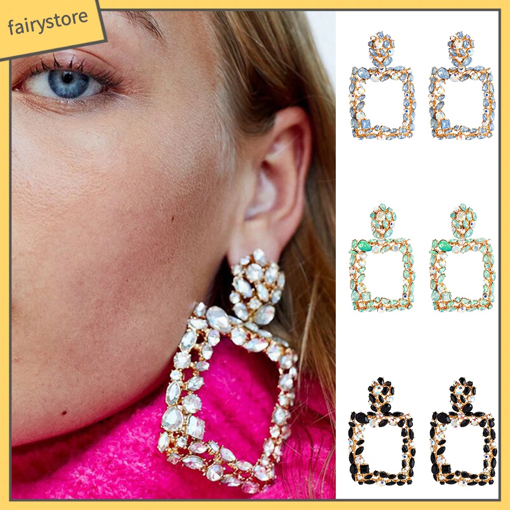 Bông Tai Dáng Dài Hình Vuông Đính Đá Phong Cách Boho Thời Trang Cho Nữ