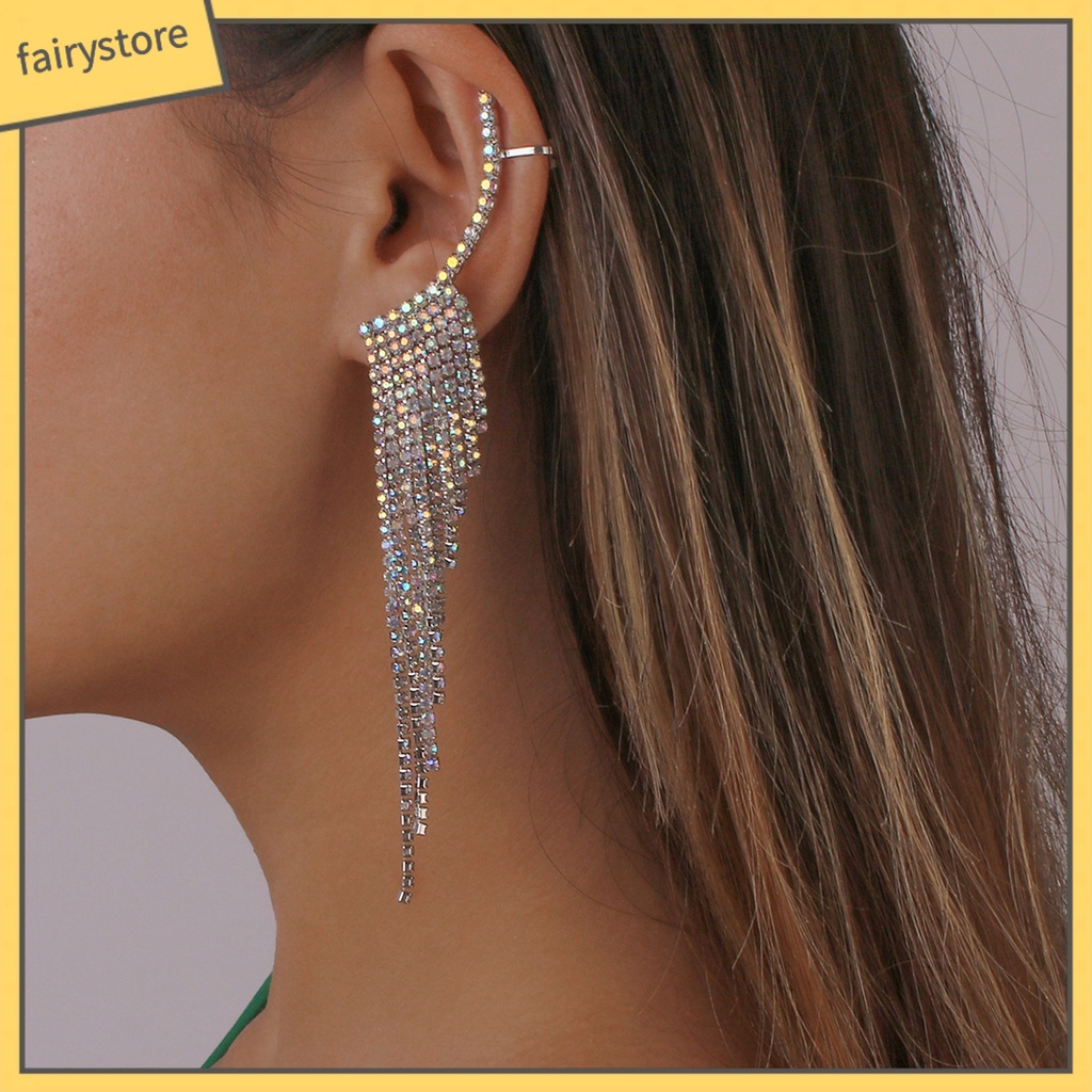 1 Đôi Bông Tai Dáng Dài Tua Rua Đính Đá Thời Trang