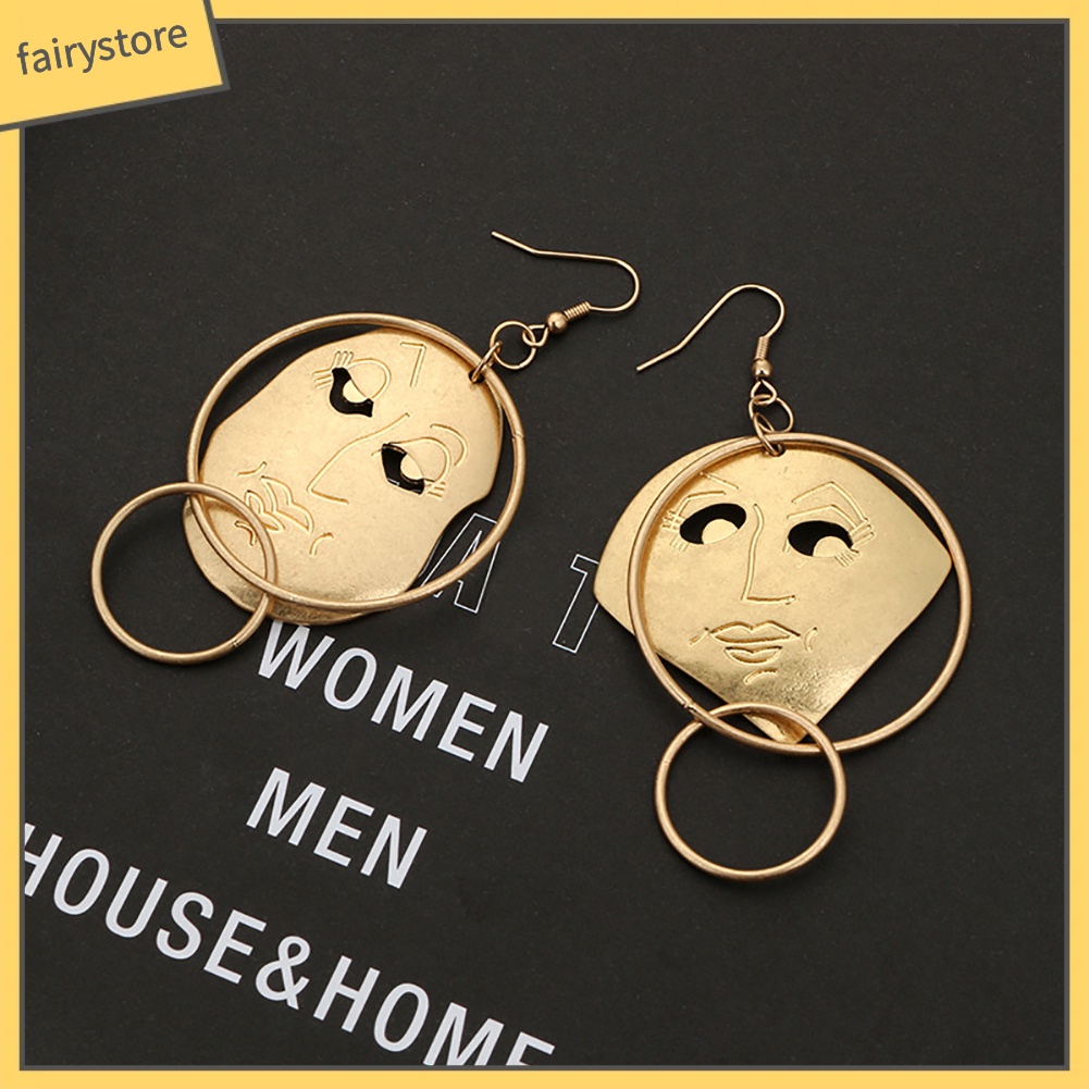 Khuyên Tai Dạng Móc Mặt Người Không Đối Xứng Chạm Khắc Thời Trang Cho Nữ