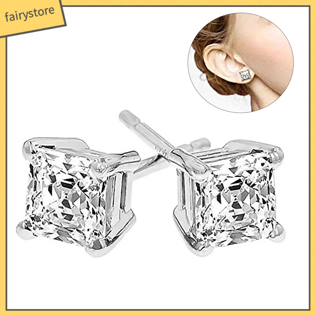 1 Đôi Bông Tai Mạ Bạc Đính Đá Zircon Hình Vuông Thanh Lịch Dành Cho Nữ