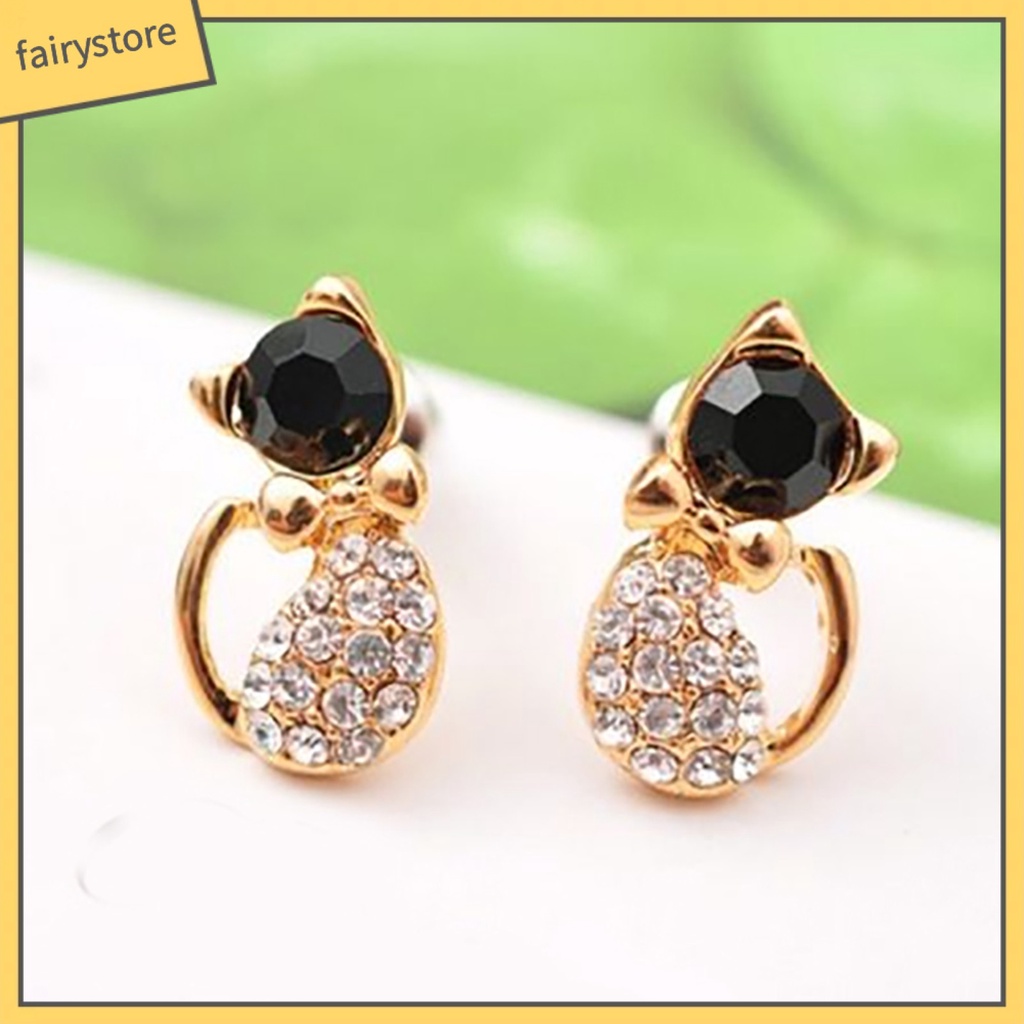 1 Đôi Bông Tai Hình Mèo Đính Đá Dễ Thương Dành Cho Nữ