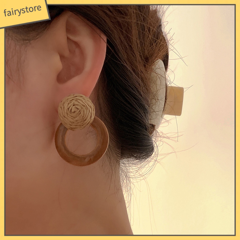 [FRO] 1 Đôi Bông Tai Xỏ Lỗ Bằng Gỗ Rơm Đan Kiểu Retro Mộc Mạc Đơn Giản Cho Nữ