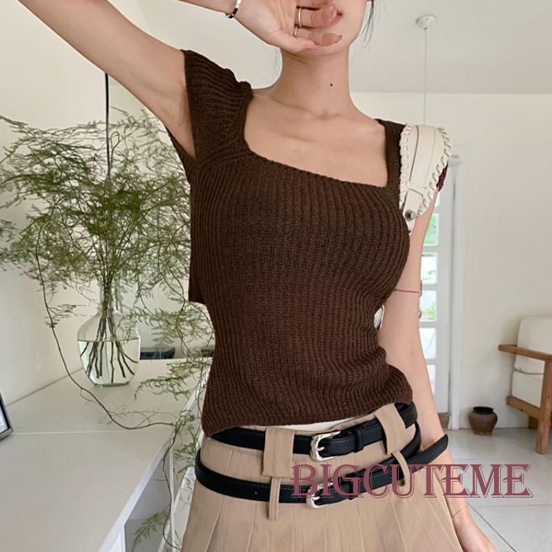 Áo Thun Dệt Kim Ngắn Tay Cổ Vuông Thắt Dây Thời Trang Đường Phố Dành Cho Nữ