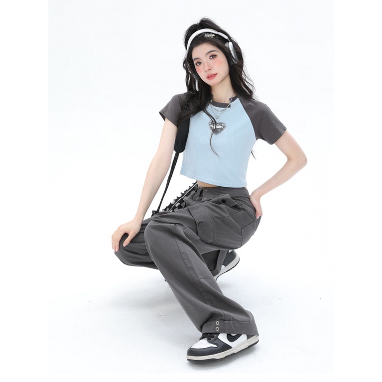 Áo Croptop Tay Ngắn Cổ Tròn Màu Sắc Tương Phản Phong Cách Retro Dành Cho Nữ