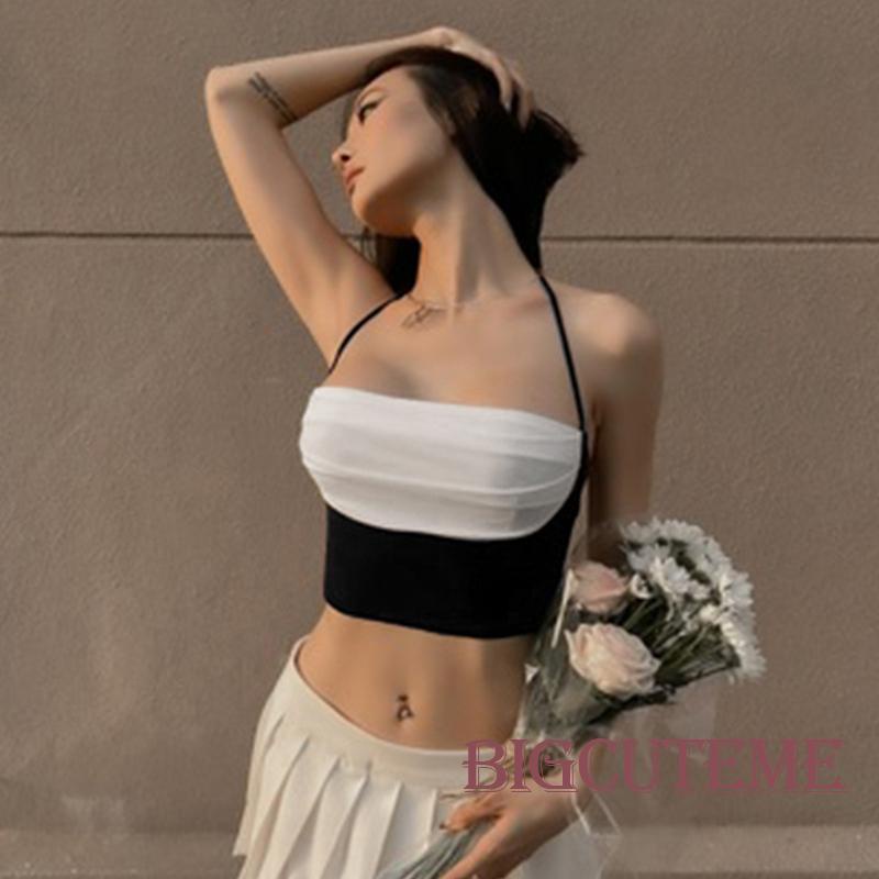 [] - Áo Crop Top Không Tay Ôm Dáng Màu Sắc Tương Phản Buộc Dây Dành Cho Nữ