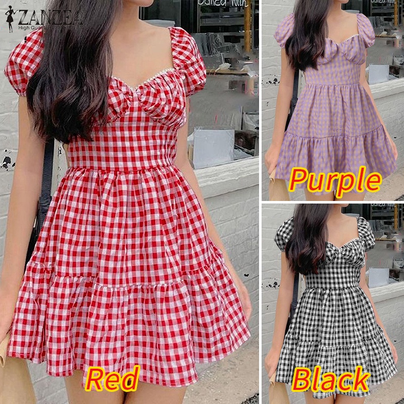 Zanzea Đầm Tay Phồng Cổ Vuông Họa Tiết Sọc Caro Phong Cách Hàn Quốc Thời Trang Cho Nữ