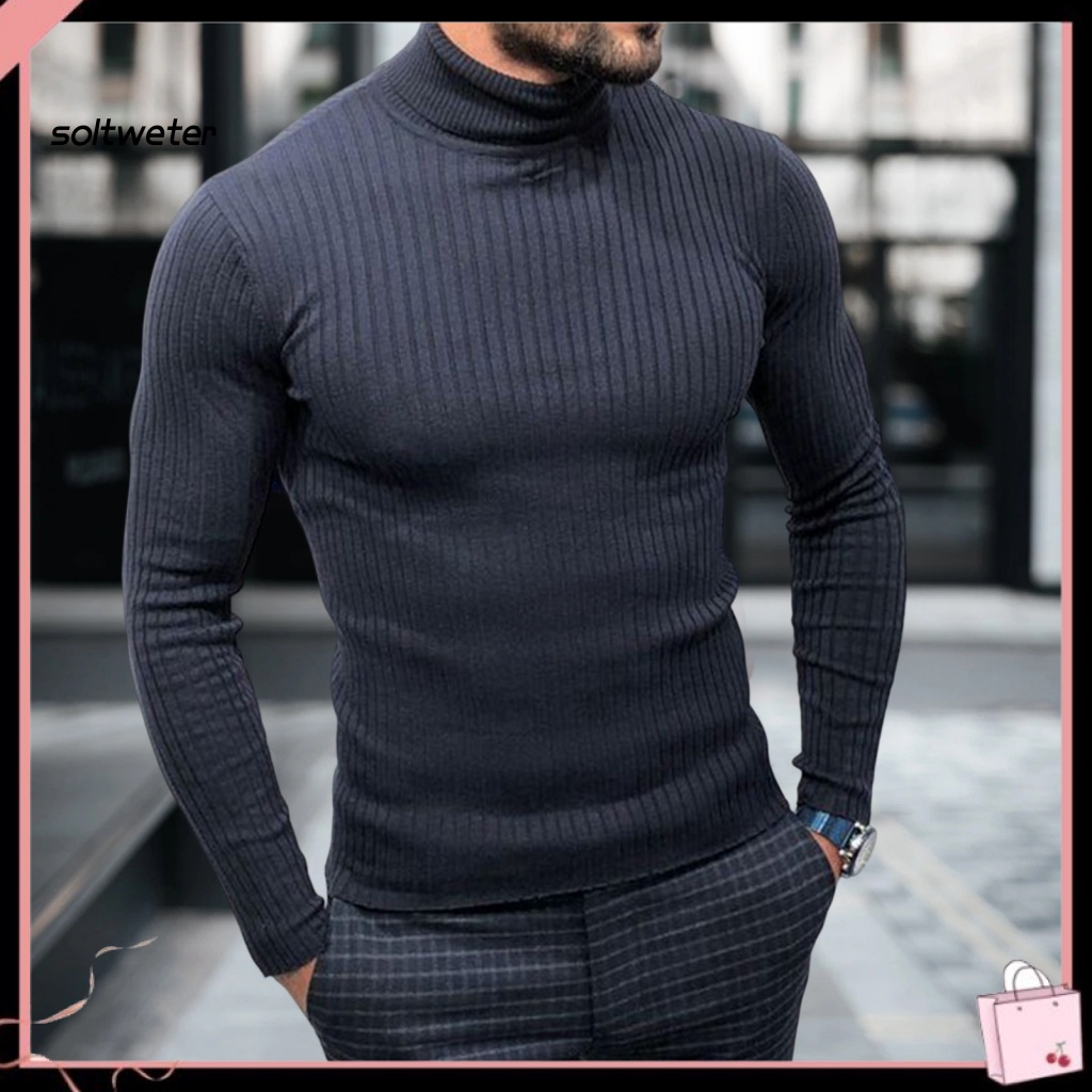 Áo Sweater Dệt Kim Tay Dài Cổ Cao Màu Trơn Mềm Mại Co Giãn Tốt Thời Trang Mùa Đông Cho Nam