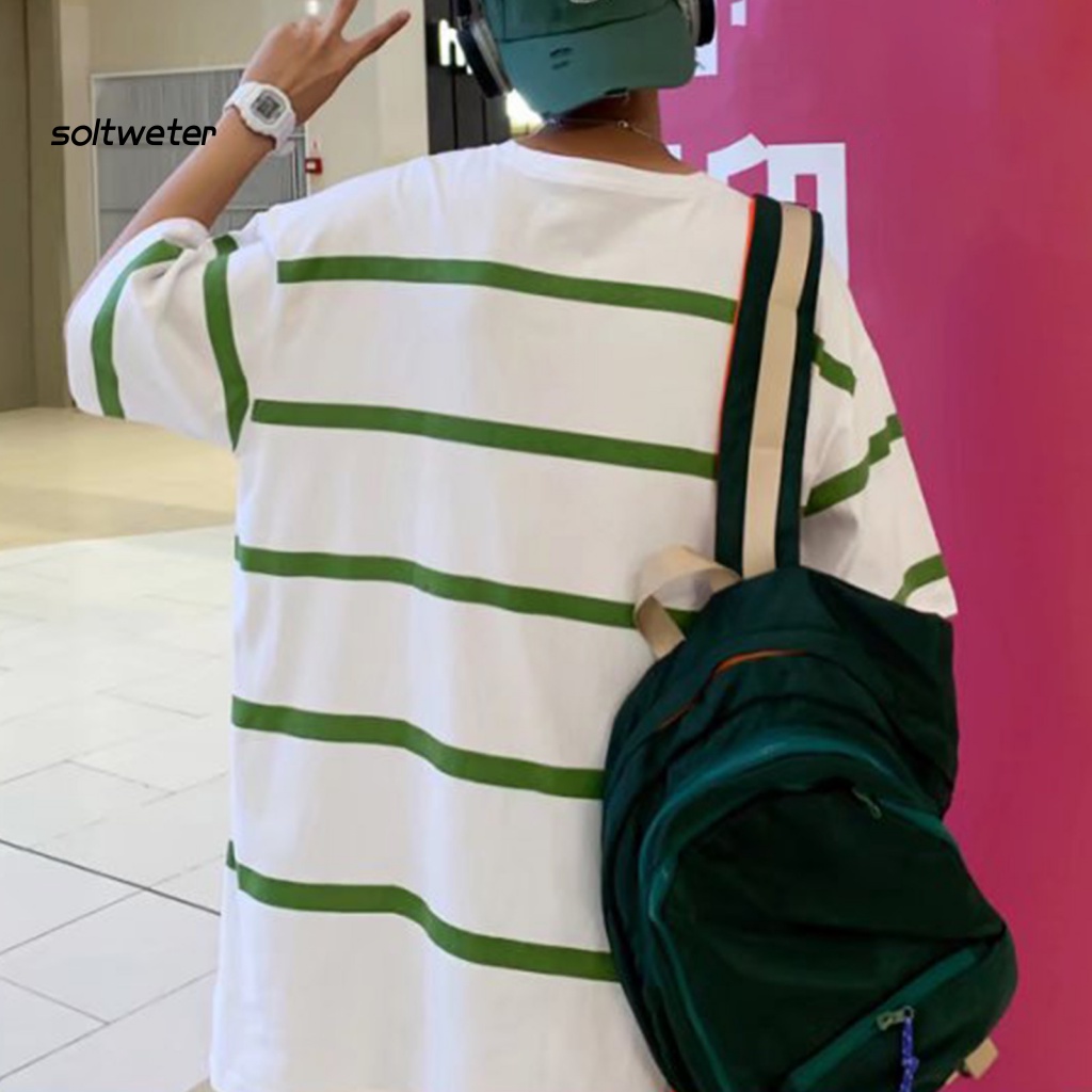 Áo Thun Dáng Rộng Mềm Mại Thoải Mái In Họa Tiết Kẻ Sọc Màu Tương Phản Phong Cách Hip Hop Thời Trang Cho Nam