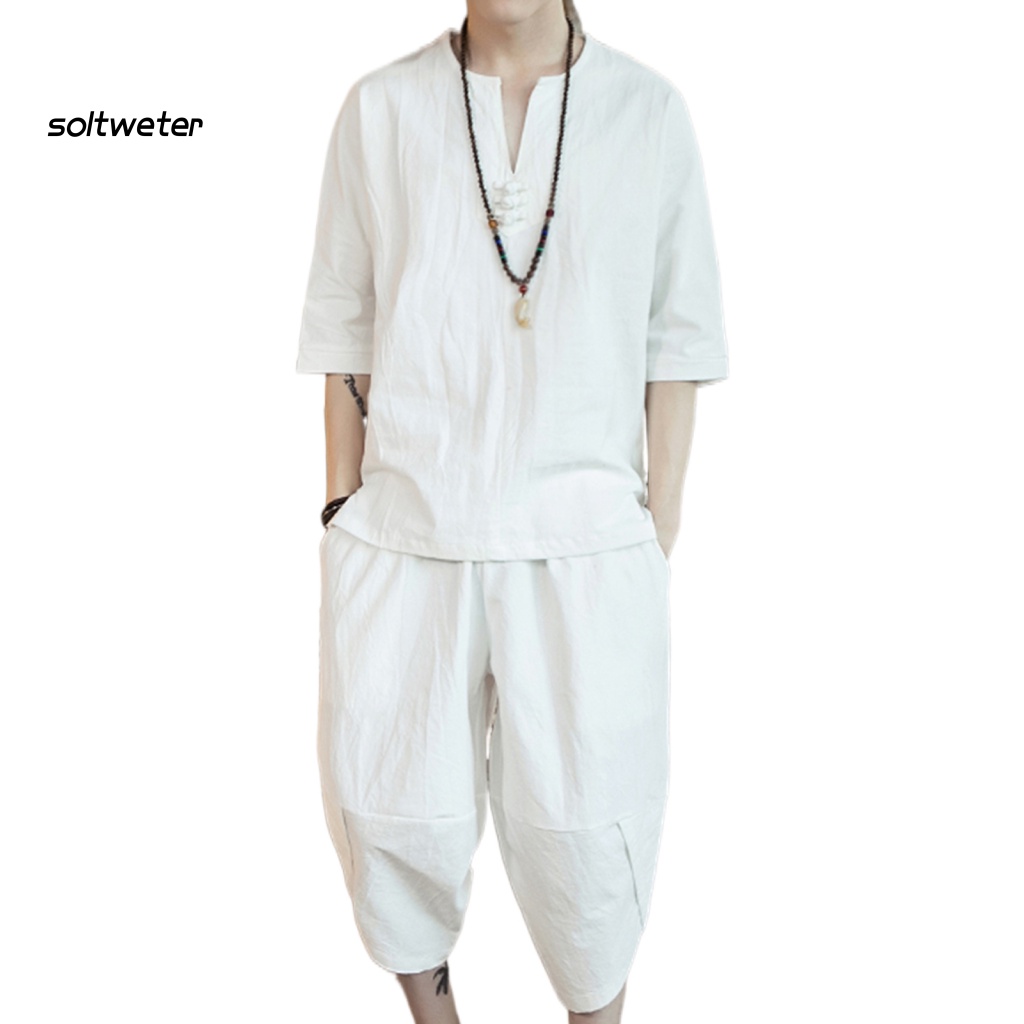 1 Bộ Quần Capri Màu Trơn Dáng Suông Có Túi Phong Cách Trung Hoa