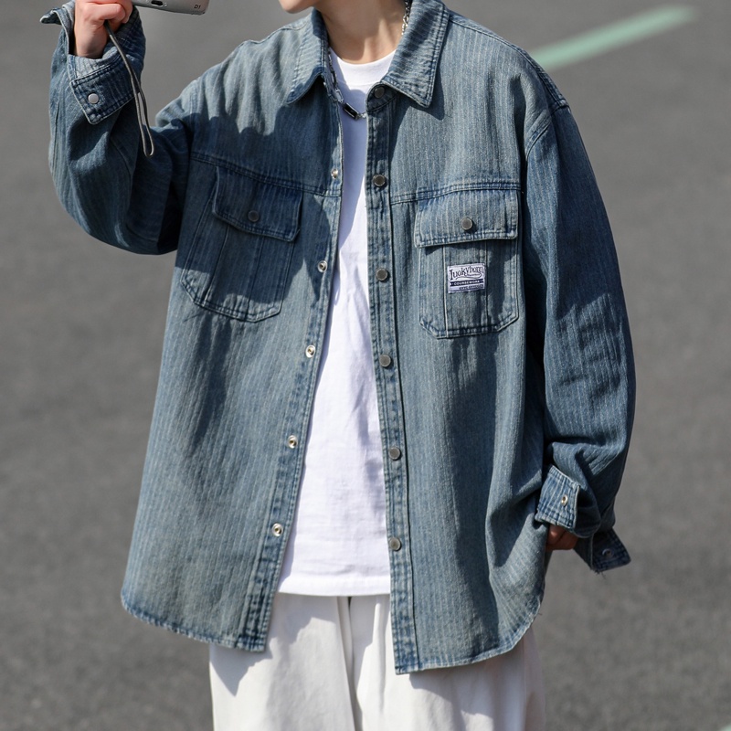 Áo Khoác Denim Kẻ Sọc Dọc Dáng Rộng Kiểu Đường Phố Mỹ Thời Trang Xuân Thu Cho Nam