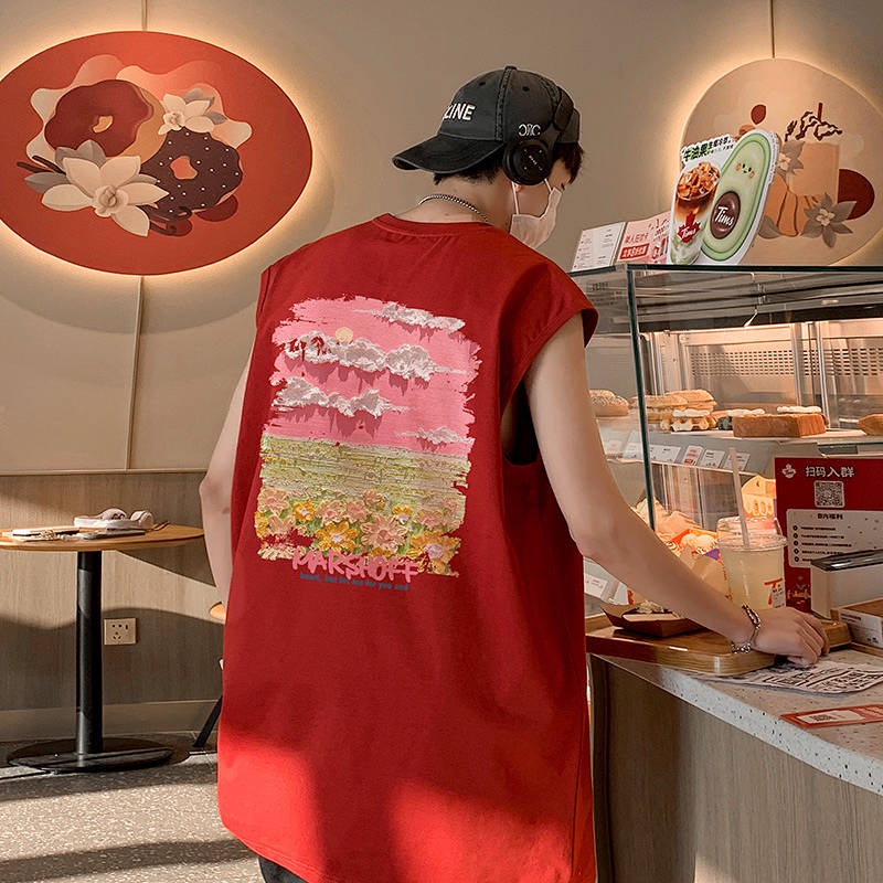 Áo thun nam màu hồng 100% cotton không tay form rộng in tranh sơn dầu mùa hè hFtt