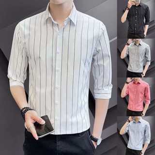 Cài Cúc Áo Sơ Mi Nam Tay Áo 3 4 Phong Cách Hàn Quốc (Màu Đỏ / Xám / Xanh Nhạt / Đen)