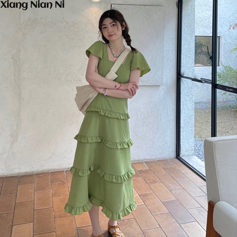 Xiang Nian Ni Đầm Xanh Lá Nhiều Lớp Nghệ Thuật Mùa Hè Phong Cách Hàn Quốc Thanh Lịch Tươi Mới