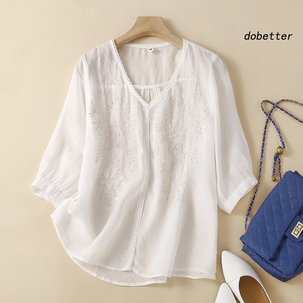 Áo Thun Nữ Tay Lửng Cổ Chữ V Màu Trơn Thêu Hoa Thời Trang