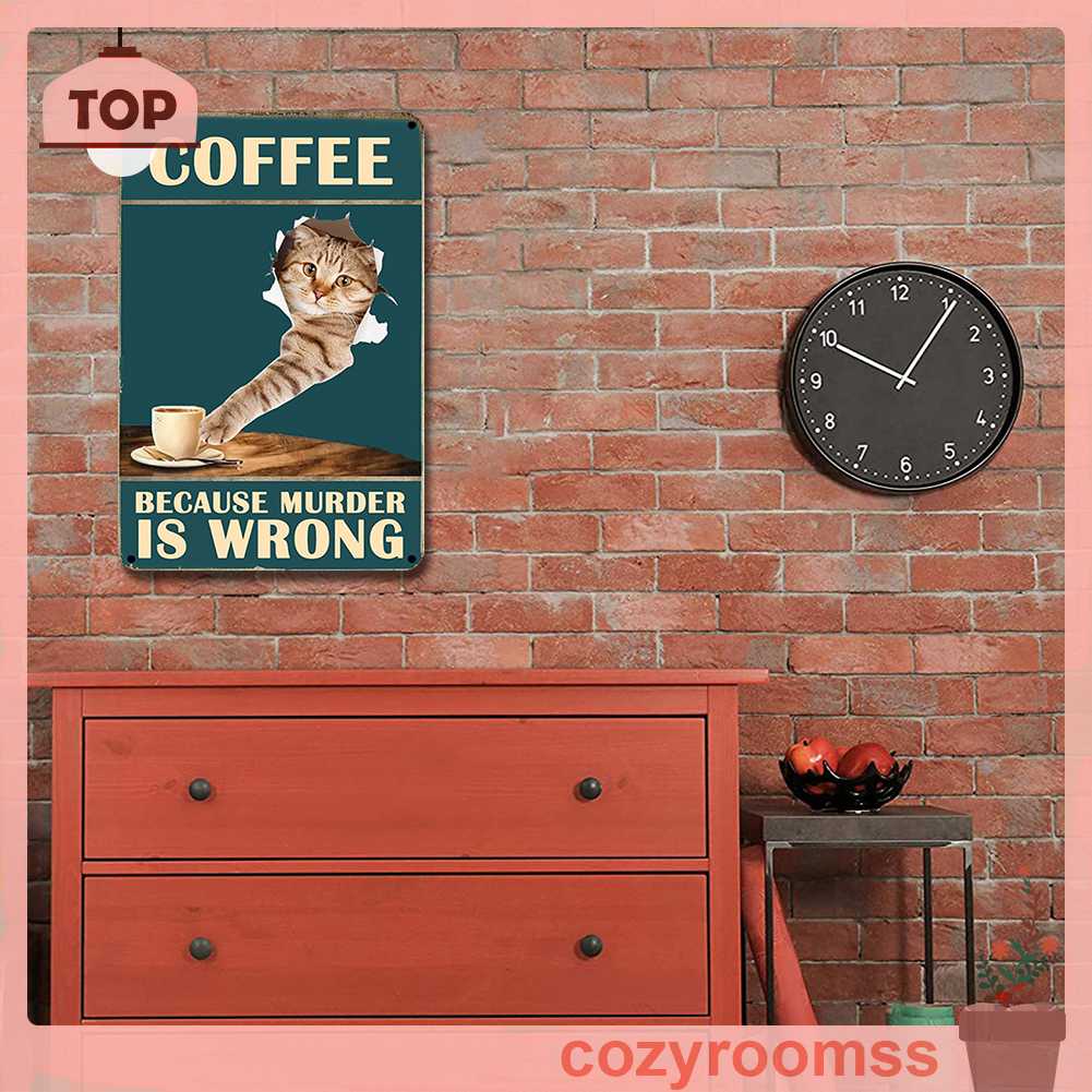 Bảng Kim Loại Hình Chữ Nhật Vẽ Hình Mèo Uống Cà Phê Trang Trí Tường Nhà Để Xe