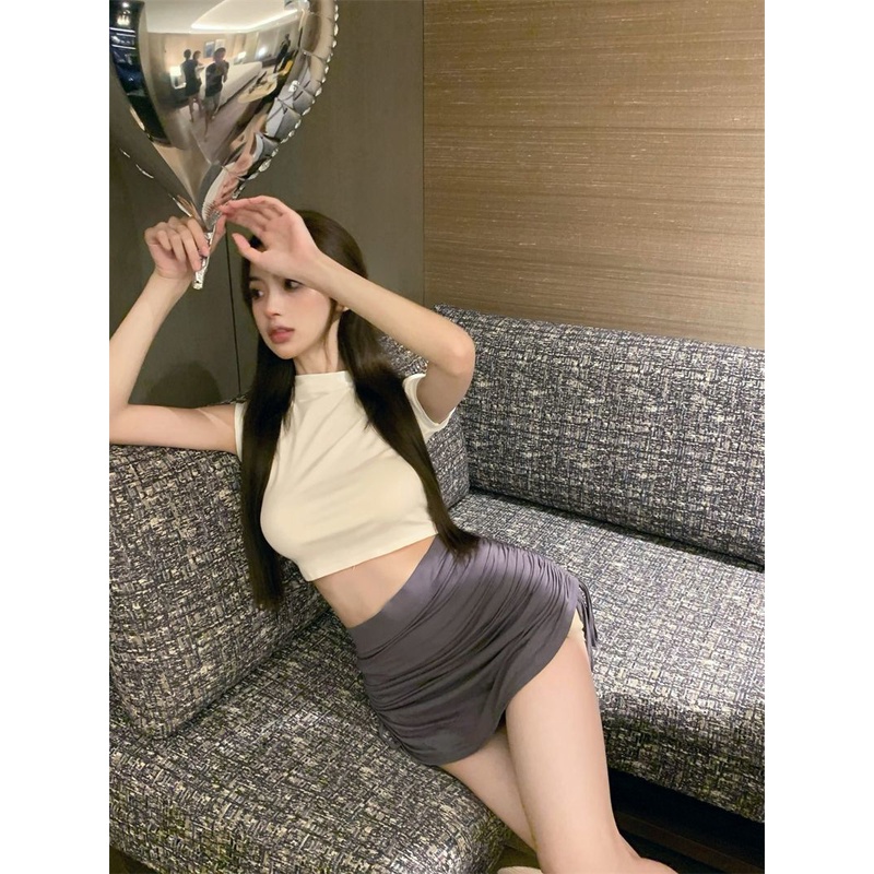 Áo Thun Ngắn Tay Cổ Cao Xếp Ly Ôm Dáng Thời Trang Âu Mỹ Cho Nữ