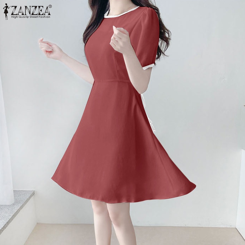 ZANZEA Đầm Ngắn Tay Cổ Tròn Thời Trang Nữ Hàn Quốc