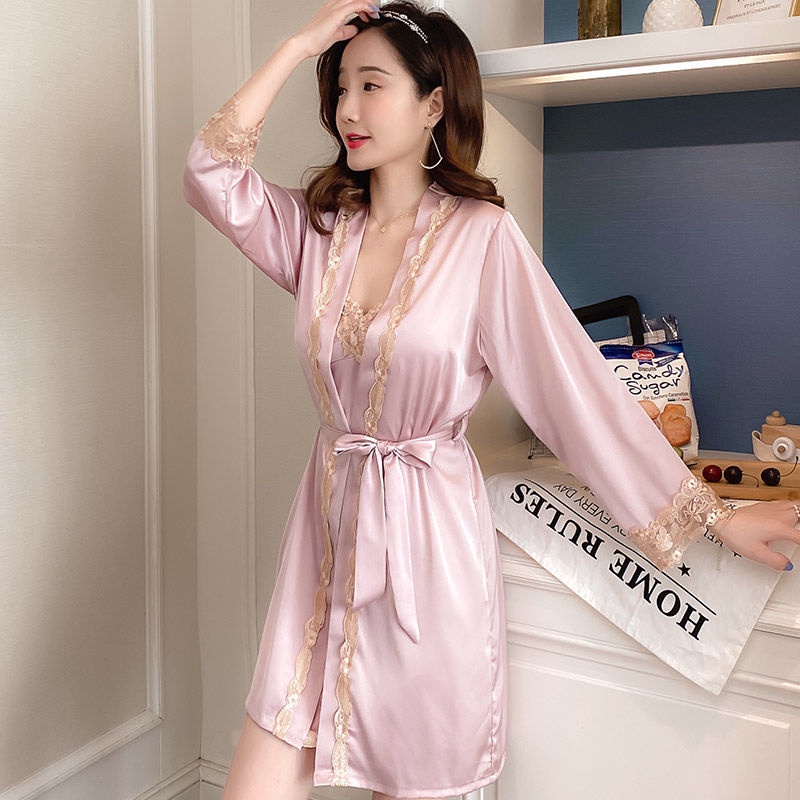 Bộ Đồ Ngủ Hai Dây Bằng Lụa Mát Màu Trơn Phối Ren Gợi Cảm Thời Trang Xuân Thu Hàng Mới 2023 Dành Cho Bạn Nữ