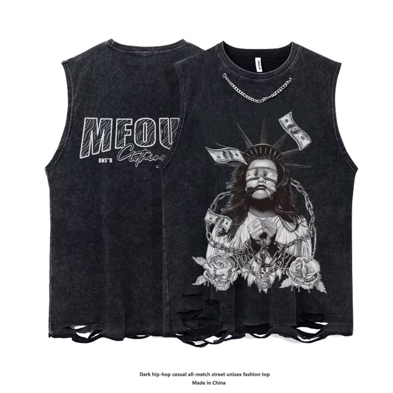 Áo Thun Cotton Không Tay Rách Gối Màu Trơn Phong Cách Hip Hop Đường Phố Âu Mỹ Cho Nam