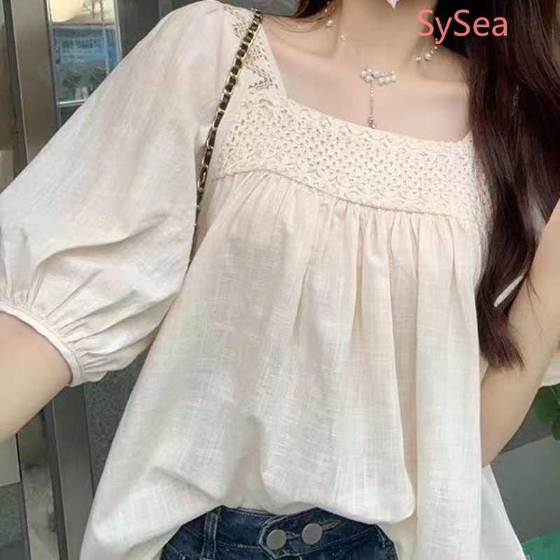 Áo Kiểu Tay Phồng Cổ Vuông Phong Cách Pháp Thanh Lịch Cho Nữ