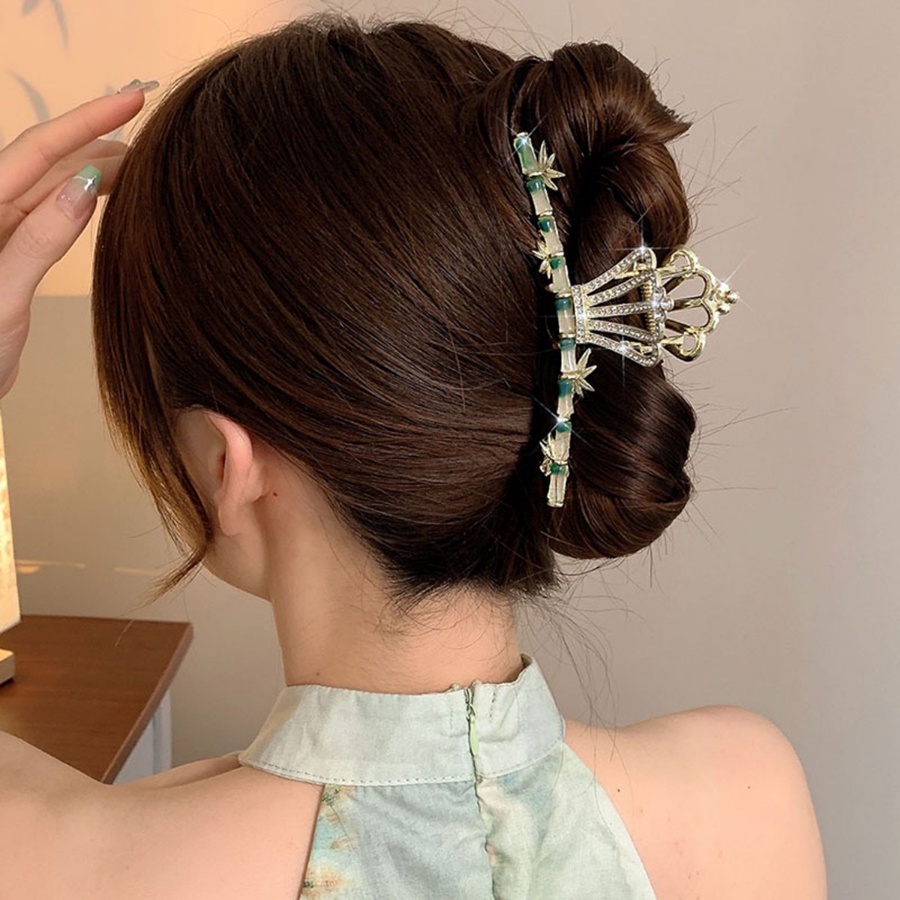 Kẹp Tóc Đuôi Ngựa Hình Vương Miện Bằng Tre Và Hợp Kim Đính Đá Pha Lê Phong Cách