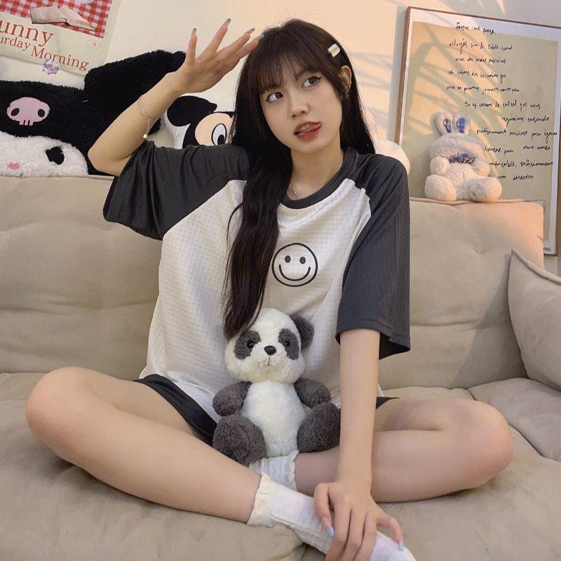 Bộ Đồ Ngủ Ngắn Tay Dáng Rộng In Hoạt Hình Mặt Cười Waffle Dễ Thương Thời Trang Mùa Hè Cho Nữ
