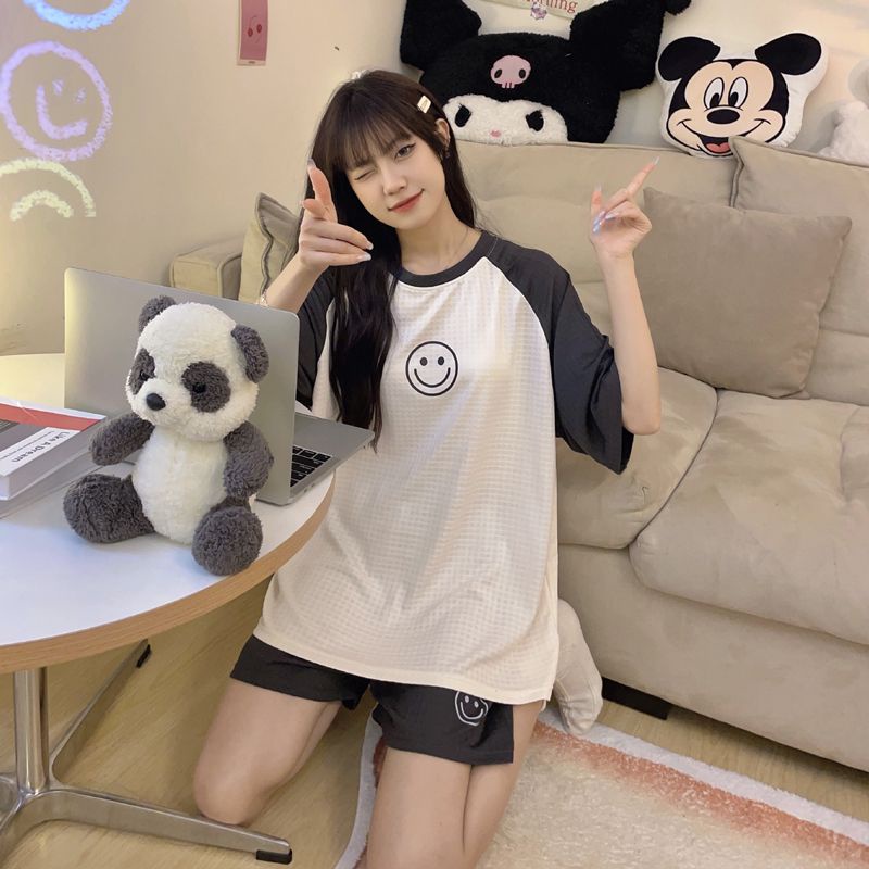 Bộ Đồ Ngủ Ngắn Tay Dáng Rộng In Hoạt Hình Mặt Cười Waffle Dễ Thương Thời Trang Mùa Hè Cho Nữ