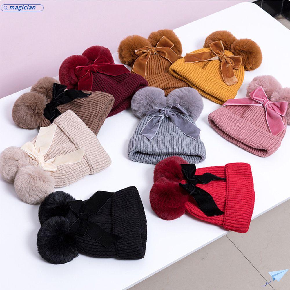 Mũ Len Trùm Đầu Đính Hai Quả Bông Màu Trơn Thời Trang