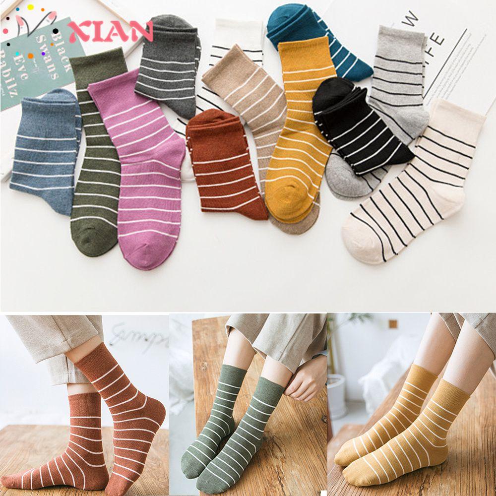 Xiantin Vớ Ống Lửng Co Giãn Họa Tiết Kẻ Sọc Màu Pastel Cổ Điển Cho Nữ
