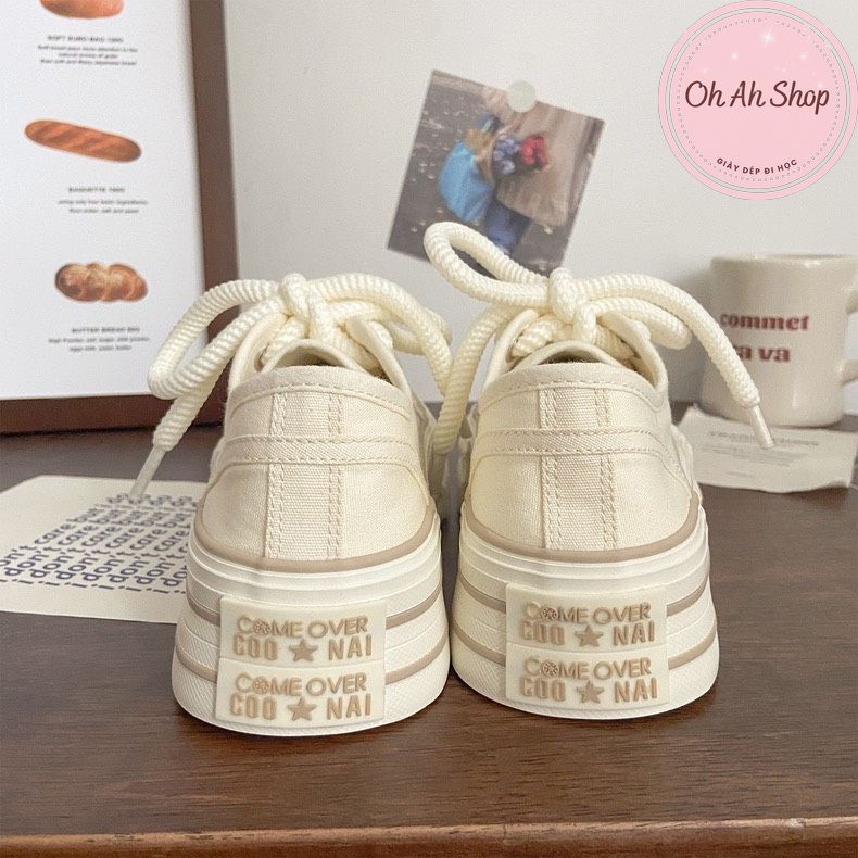 🍓  Giày Nữ Đi Học Giày Vải Đế Cao Màu Be Phong Cách Hàn Quốc