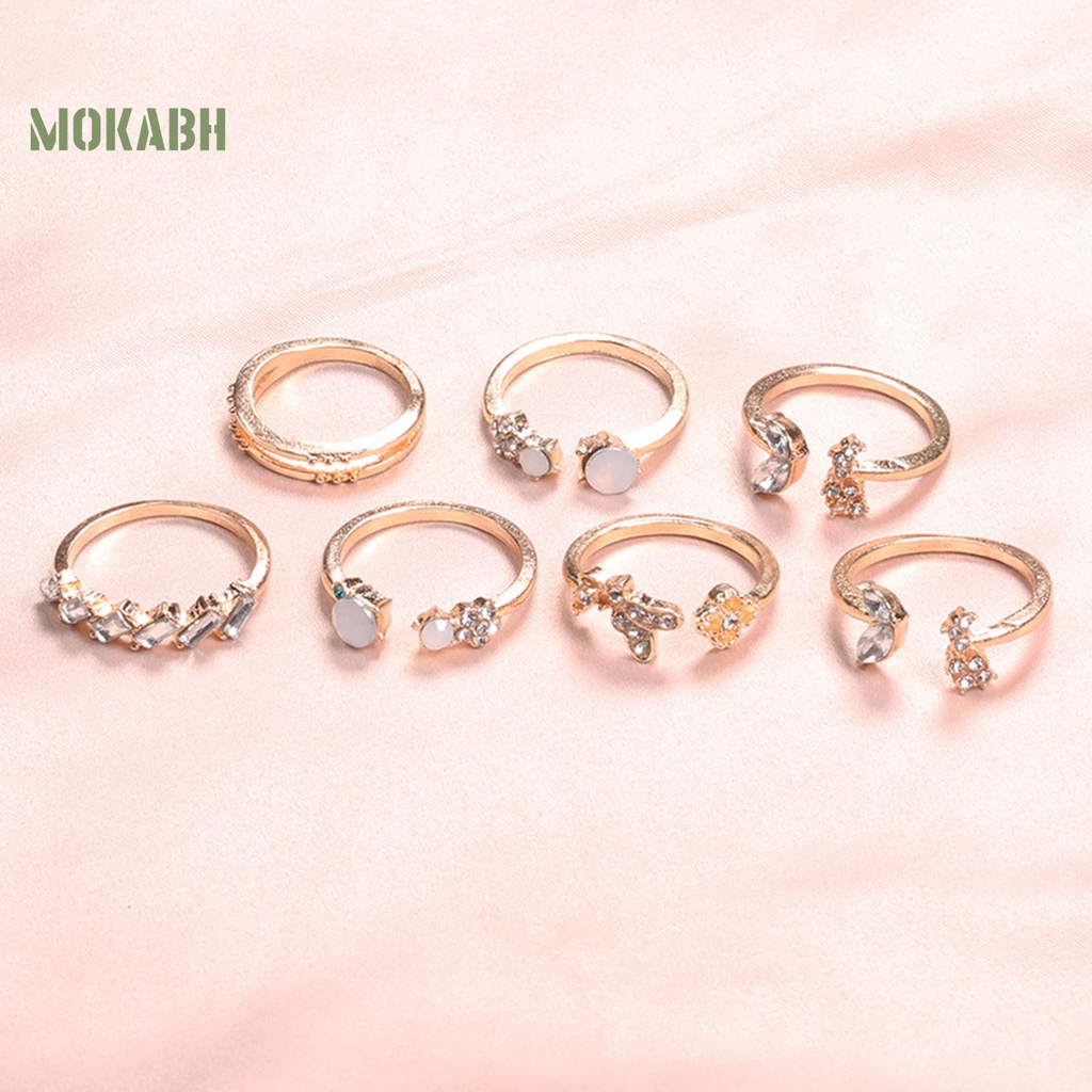 [Mok Abh] Bộ 7 Nhẫn Đeo Đốt Ngón Tay Họa Tiết Hình Hoa Và Bướm Đính Đá Lấp Lánh