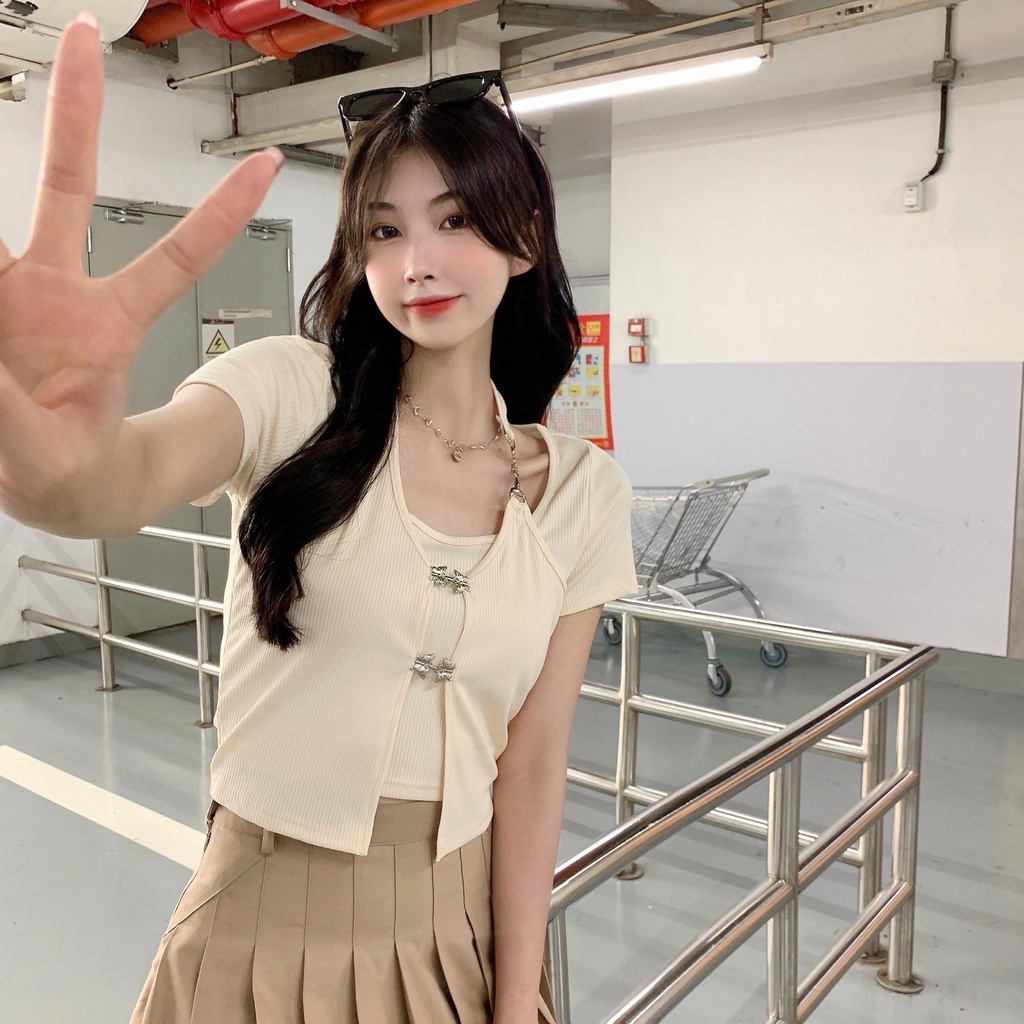 Áo Ngắn Tay Giả Hai Mảnh Cài Nút Thời Trang Mùa Hè Mỹ Cho Nữ