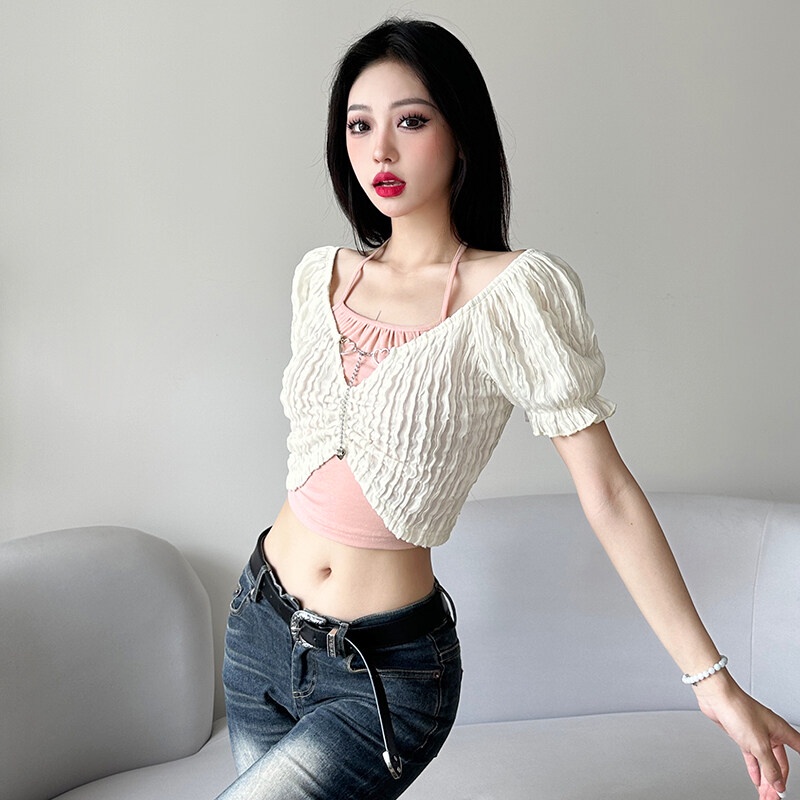 Weird Puss Áo Thun Crop Top Tay Ngắn Cổ Yếm Đơn Giản Thời Trang Mùa Hè Dành Cho Nữ
