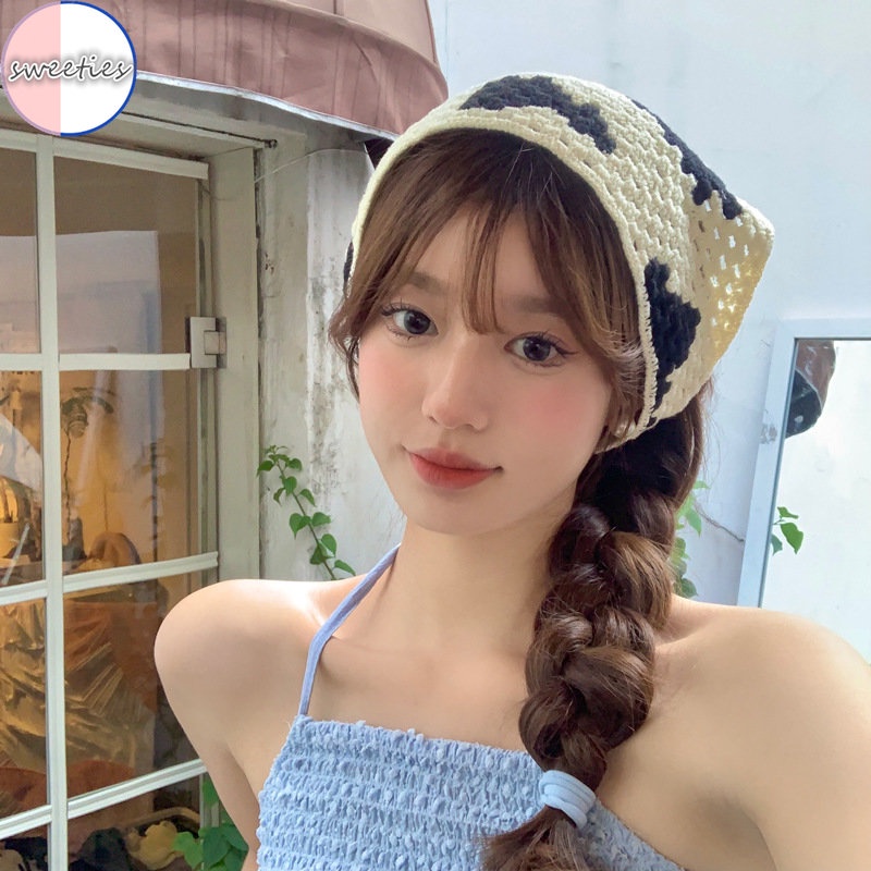 Băng Đô Cài Tóc Dệt Kim Thủ Công Hình Tam Giác Họa Tiết Hoa Cúc Phong Cách Hàn Quốc Ngọt Ngào