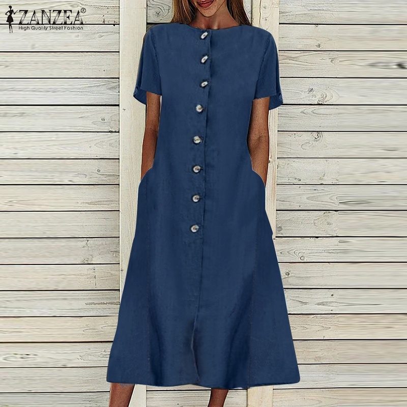 Zanzea Đầm Ngắn Tay Cổ Tròn Form Rộng Phong Cách Cổ Điển Dành Cho Nữ