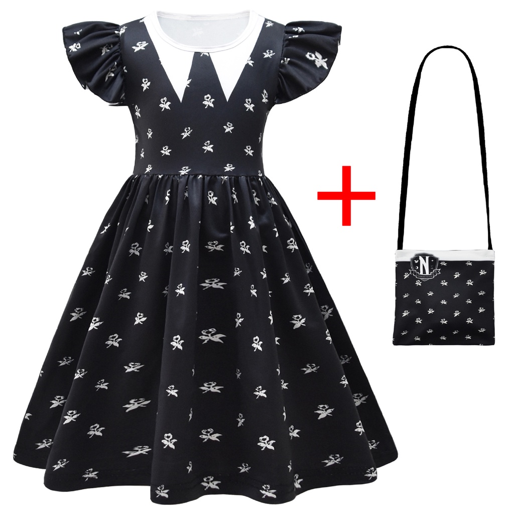 Đầm Hóa Trang Halloween Nhân Vật Addams Màu Đen Cho Bé Gái 2-8 Tuổi