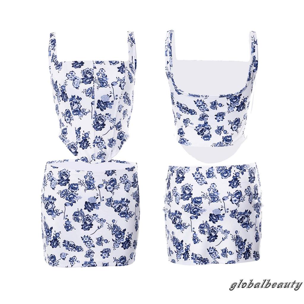 Bộ Áo Lửng Hai Dây Và Chân Váy Ngắn Họa Tiết Hoa Thời Trang Mùa Hè Cho Nữ