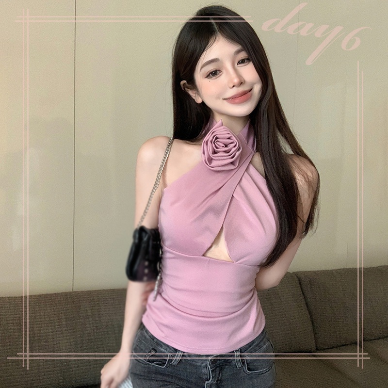 Áo Croptop Sát Nách Hoạ Tiết Hoa Thiết Kế Dây Đan Chéo Quyến Rũ