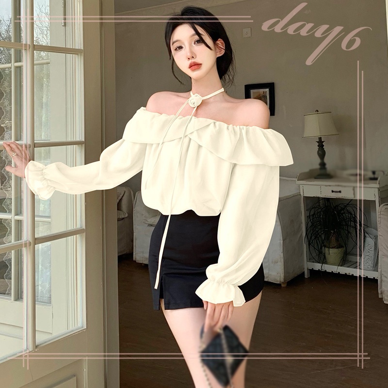 Áo Sơ Mi Chiffon Tay Dài Trễ Vai Dáng Ôm In Họa Tiết Hoa Xinh Xắn Thời Trang Cho Nữ