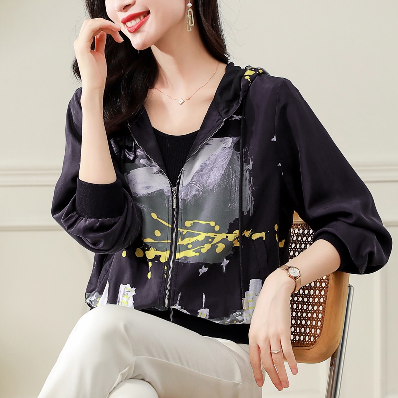 Áo Khoác Lụa Cardigan Dày Dặn Dáng Rộng Có Nón In Họa Tiết Thời Trang Xuân Thu Cho Nữ
