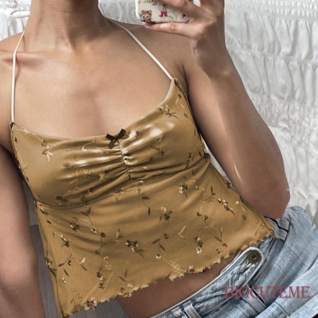 [] - Áo Croptop Hai Dây Hở Lưng Màu Nâu Họa Tiết Hoa Thời Trang Mùa Hè Cho Nữ