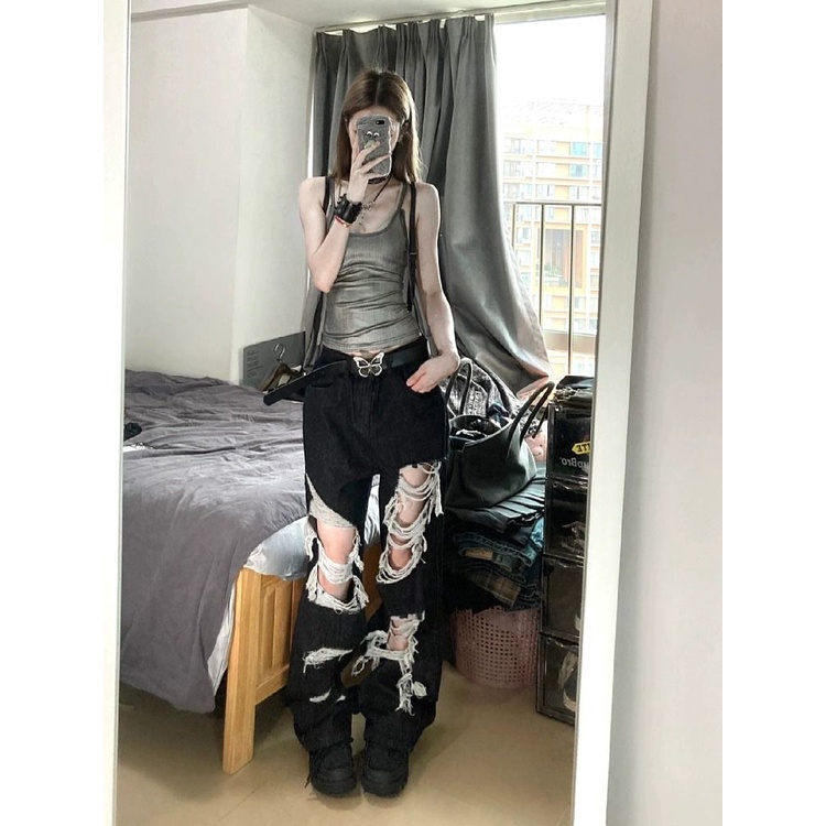 Quần jeans Đen Dài Ống Rộng Lưng Cao Thiết Kế Xẻ Rách Cá Tính