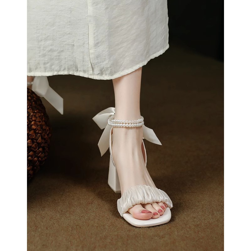 Duoya Tóc Thẳng ~ [Hàng Có Sẵn] Sandal Cao Gót Hở Ngón Đính Nơ Và Ngọc Trai Cho Nữ Miễn Phí Vận Chuyển