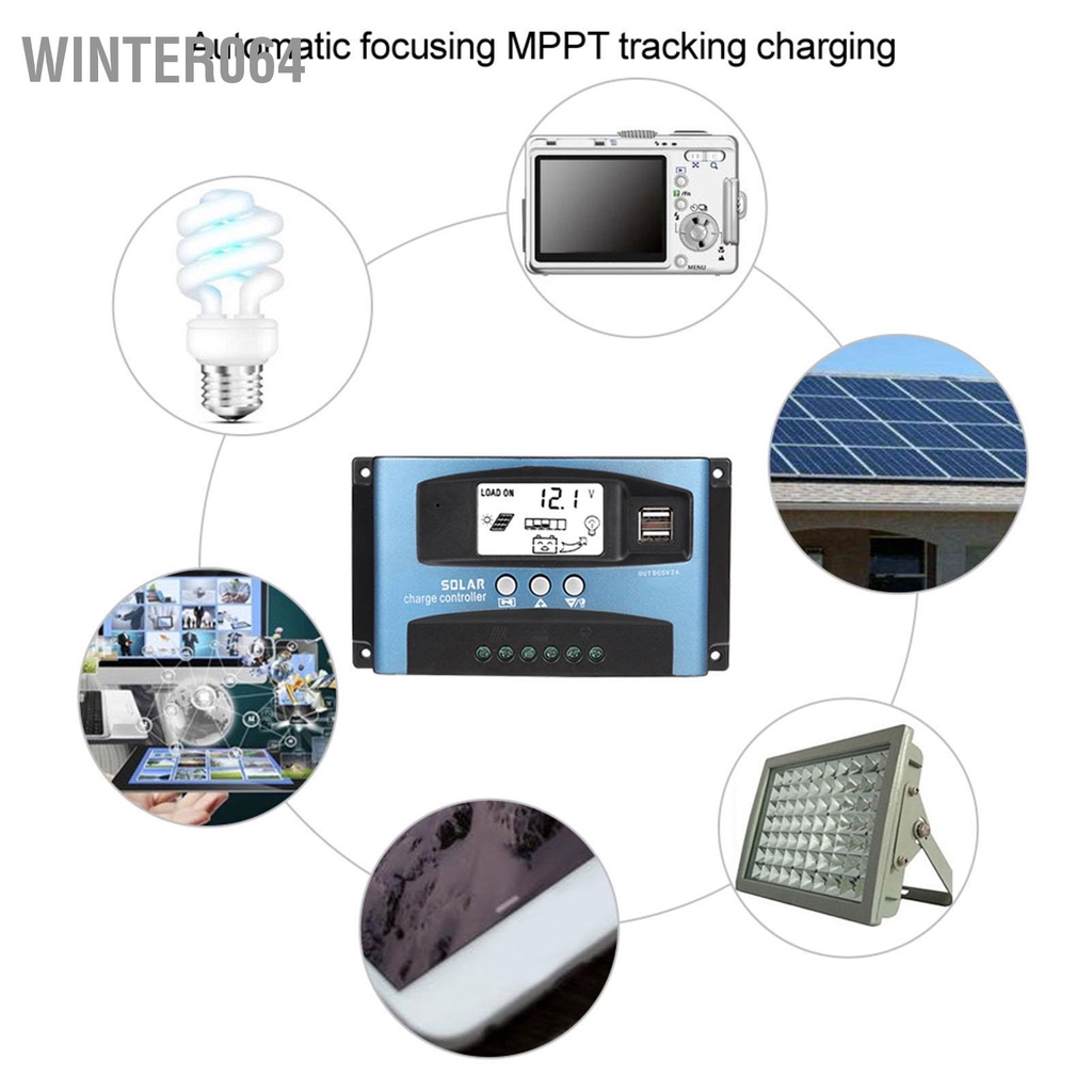 Winter064 Bộ điều khiển sạc năng lượng mặt trời MPPT 40/50/60/100A Màn hình LCD kép USB 12V 24V